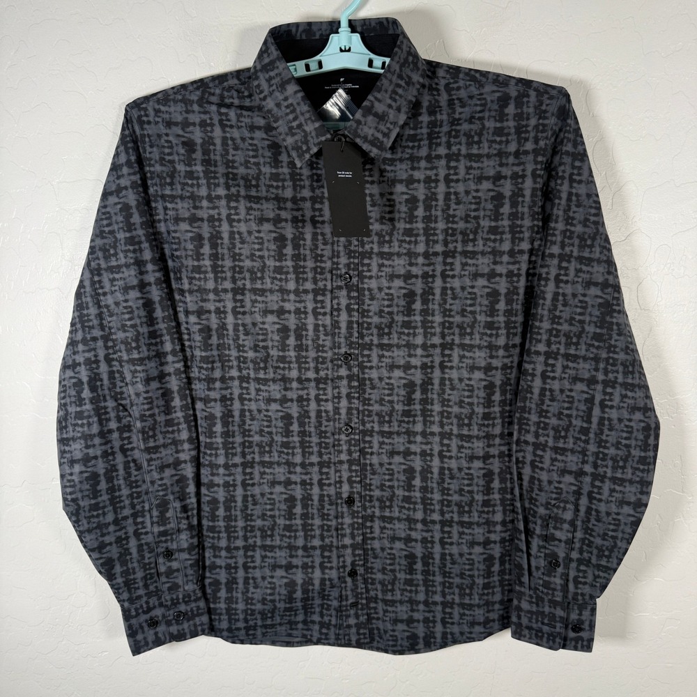 Fabletics Button Down Shirt Mens L Gray Abstract Print Long Sleeve Performance